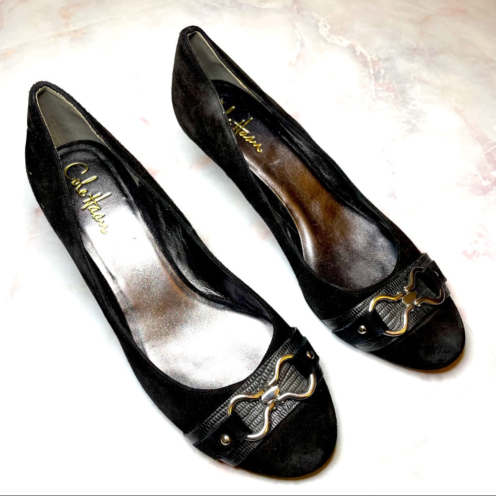 Cole Haan Black Suede Heels w/ Silver Buckle